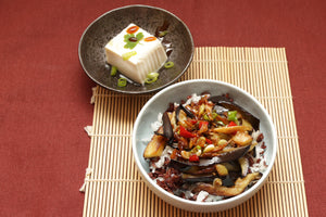 Stir fried aubergine with White and Red rice