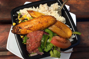 Caribbean coconut rice and fried plantains